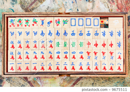 set of wooden mahjong tiles in box 9675511