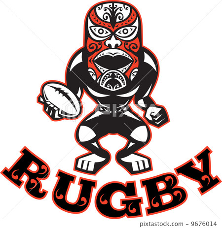 Maori Mask Rugby Player standing With Ball 9676014