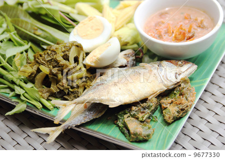Fried Mackerel fish,chili sauce and fried vegetable 9677330