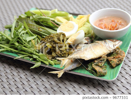 Fried Mackerel fish,chili sauce and fried vegetable 9677331