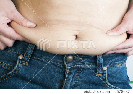 Woman pinching fat from her abdomen Woman pinching fat from her abdomen 9678682