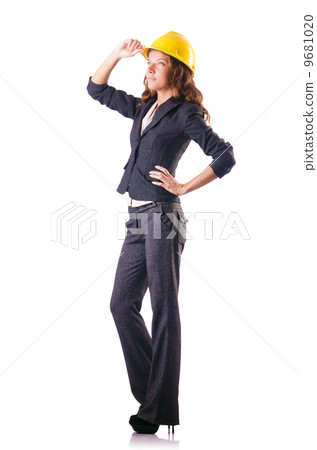 Woman construction worker with hard hat on white Woman construction worker with hard hat on white 9681020