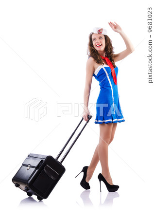 Woman sailor with suitcase on white 9681023