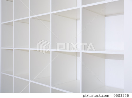 Blank white bookshelf, empty shelves Blank white bookshelf, empty shelves 9683356