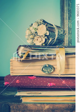 Vintage Albums with Memories and other old things, pastel color Vintage Albums with Memories and other old things, pastel color 9683371