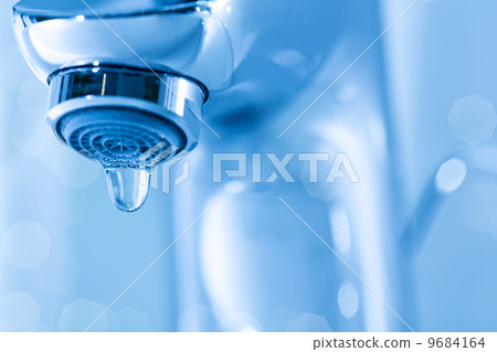Tap closeup with dripping waterdrop. Water leaking, saving conce Tap closeup with dripping waterdrop. Water leaking, saving conce 9684164