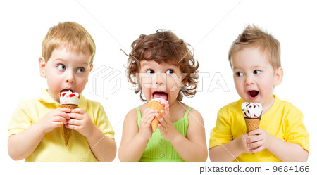 funny kids boys and girl eating ice cream cone isolated on white funny kids boys and girl eating ice cream cone isolated on white 9684166