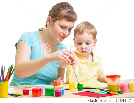 mother and son drawing or painting together isolated on white mother and son drawing or painting together isolated on white 9684167