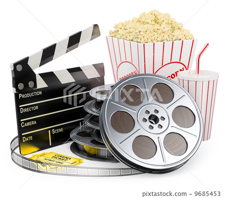 3D white people. Cinema clapper film reel drink and popcorn 9685453