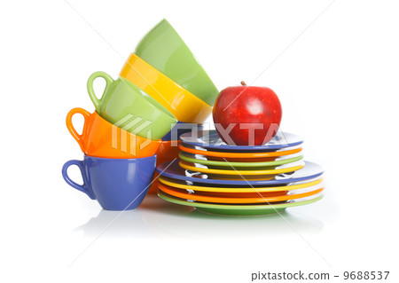 Kitchen utensils, plates and cups on a white background 9688537