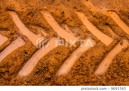 Tractor trail closeup on the muddy ground  after rain 9691565