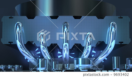 Electronic circuit board and fan on radiator, front out of focus 9693402