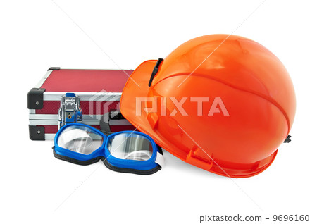 Orange helmet, suitcase and goggle Orange helmet, suitcase and goggle 9696160