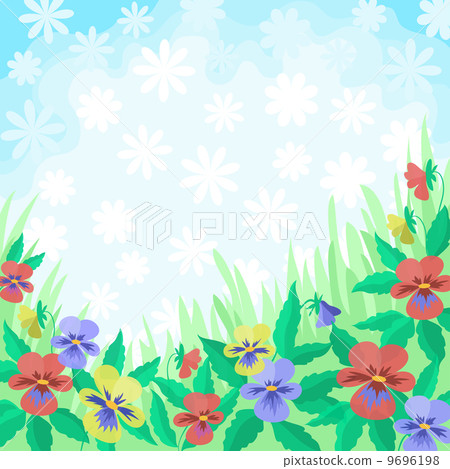 Flowers pansies and sky, background 9696198