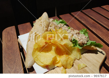 Tuna sandwich with beach front 9697617