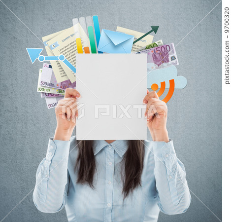 Businesswoman showing book of success. Business as concept. Copy 9700320