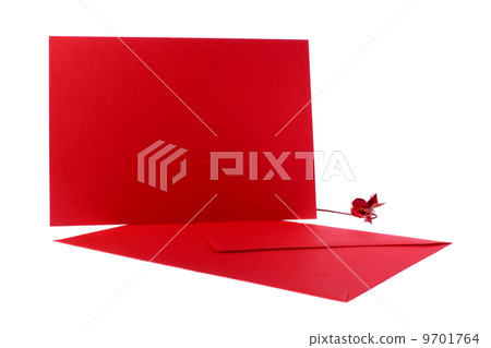 Red envelope and card with rose on white background Red envelope and card with rose on white background 9701764