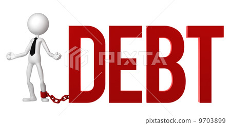 Businessman with a foot chained to a DEBT sign. 9703899