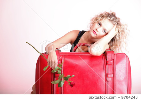 Beautiful young woman blonde romantic red rose 9704243