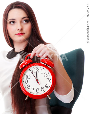 Woman with red clock. Time management concept. 9704738