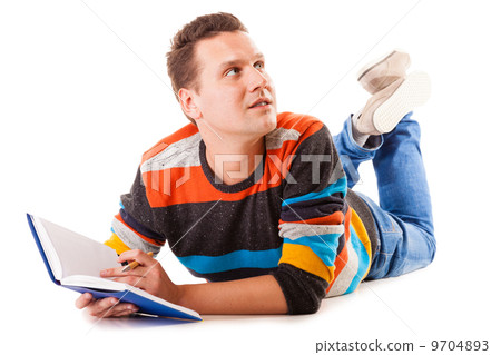 male student reading a book preparing for exam isolated 9704893