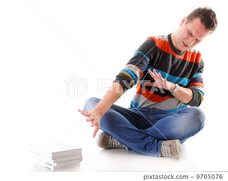 tired college student with stack of books isolated 9705076