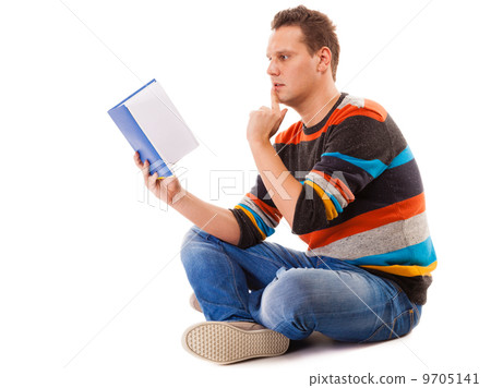male student reading a book preparing for exam isolated 9705141