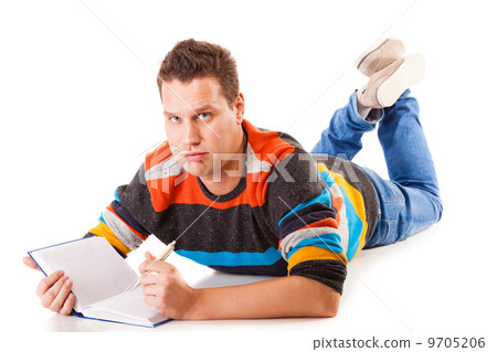 tired college student preparing hard work for exam 9705206