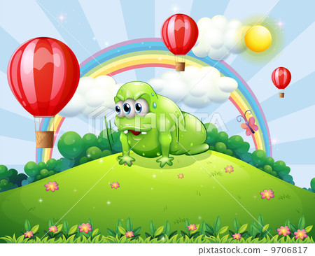 A hilltop with a sweaty monster exercising 9706817