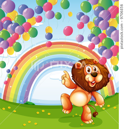 A lion below the floating balloons with a rainbow 9706856