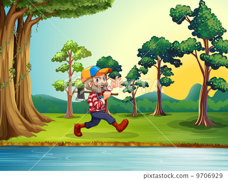 A happy woodman walking at the riverbank A happy woodman walking at the riverbank 9706929
