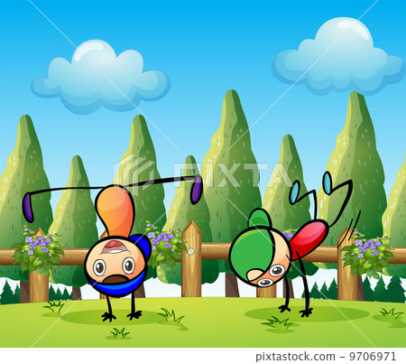 Two stickmen playing near the pine trees Two stickmen playing near the pine trees 9706971