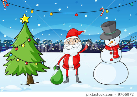 Santa Claus in the middle of the pine tree and the snowman 9706972