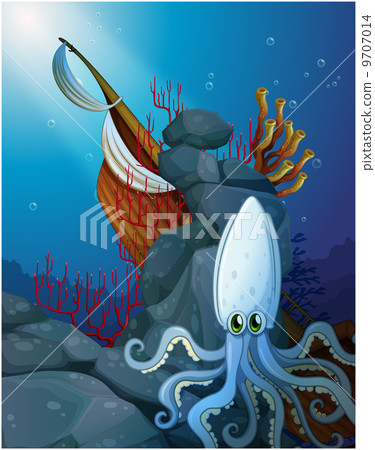 An octopus under the sea near the wooden boat An octopus under the sea near the wooden boat 9707014