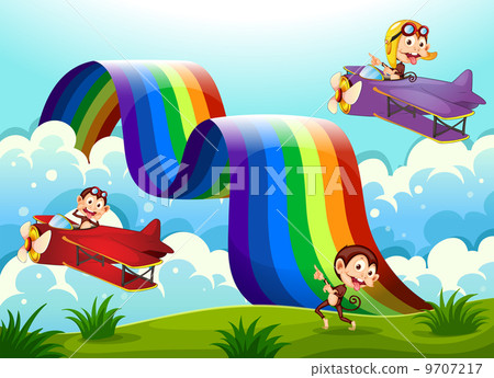 A red and a violet plane with monkeys flying near the rainbow 9707217