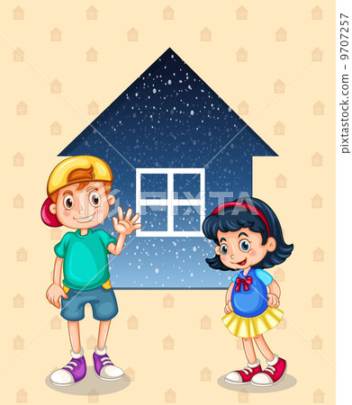 A small boy and a small girl standing in front of the small hous 9707257
