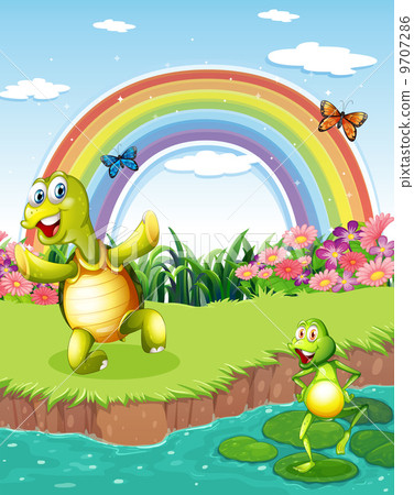 A turtle and a frog playing at the pond with a rainbow above 9707286
