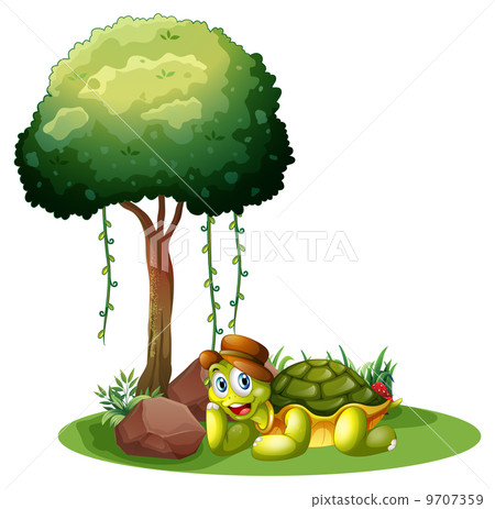 A smiling turtle near the rocks under the tree 9707359