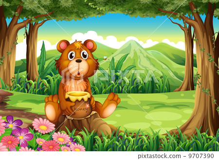 A bear at the forest holding a pot of honey - Stock Illustration ...