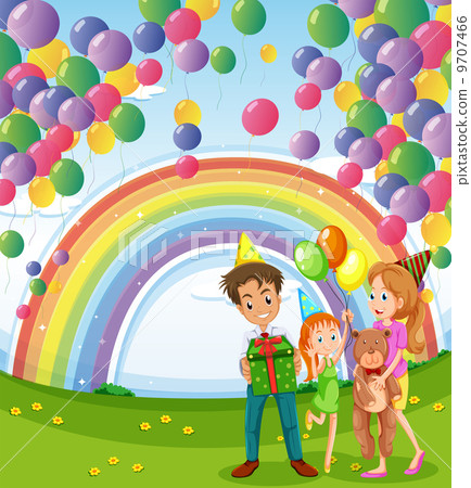 A family below the floating balloons with a rainbow A family below the floating balloons with a rainbow 9707466