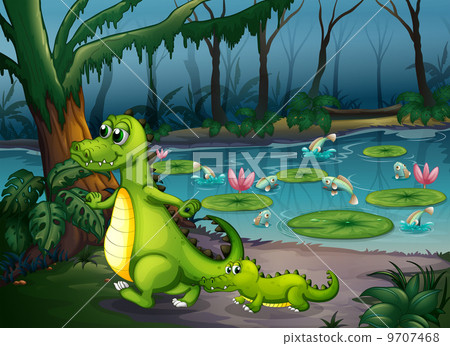 A forest with a pond, crocodiles and fishes A forest with a pond, crocodiles and fishes 9707468