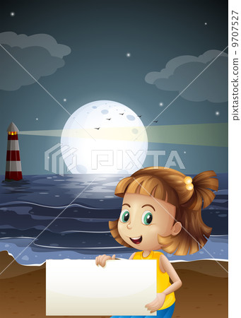 A cute little girl holding an empty signboard at the beach A cute little girl holding an empty signboard at the beach 9707527