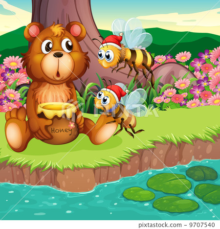 A big bear and bees at the riverbank A big bear and bees at the riverbank 9707540