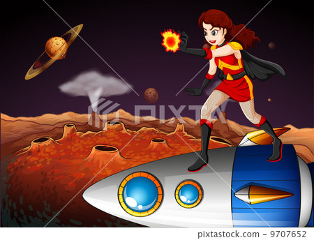 A female superhero at the galaxy standing above the spaceship A female superhero at the galaxy standing above the spaceship 9707652