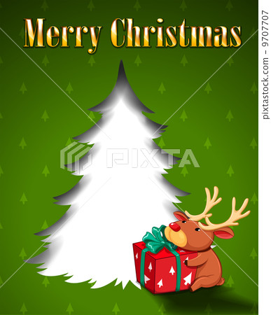 A green christmas card with a reindeer hugging a gift A green christmas card with a reindeer hugging a gift 9707707