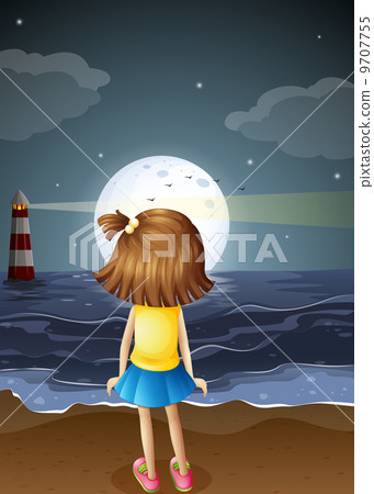 A small girl watching the fullmoon at the beach A small girl watching the fullmoon at the beach 9707755