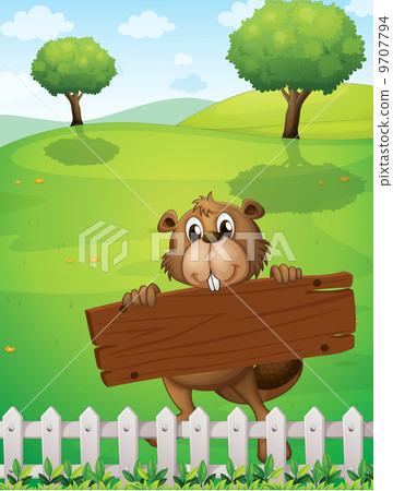A beaver with an empty wooden board 9707794