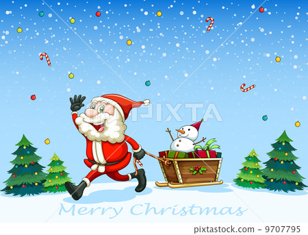 A happy Santa Claus pulling the sleigh with a snowman 9707795