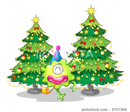 Two tall christmas trees at the back of a happy green monster 9707866