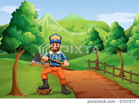 A lumberjack near the road carrying an axe 9707877